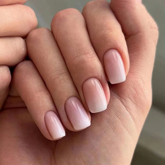 24pcs Simple Gradient White False Nails Art Wearable Short Square Fake Nail Sets Ballet Press on Nails Tips Finished Manicure