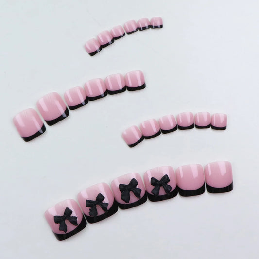 24PCS Short French Black Bowknot Press On Nails Square  Toe Nails Press On Powder Full Cover Toe Nails Press On Summer Nails
