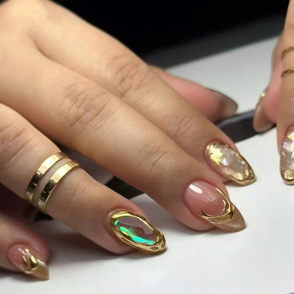 24pcs Round Head Almond Fake Nails White French False Nail Flower Stick on Nail Tip with Golden Design Short Press on Nails Sets