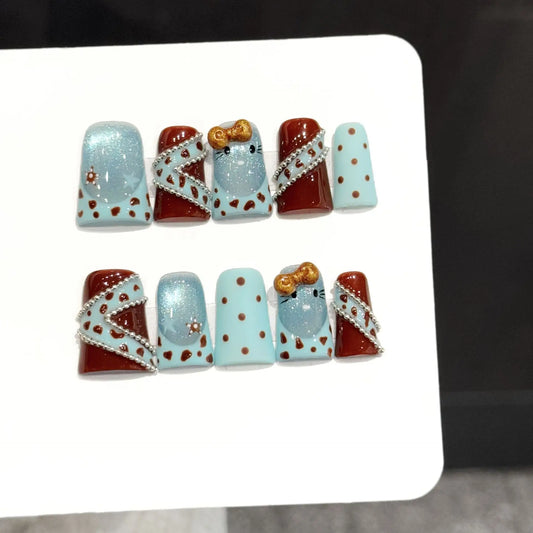 10PC Duck Handmade Press On Nails,Blue And Brown Color Combination,Cute Girl Style,Suitable For Festivals Parties And Daily Wear