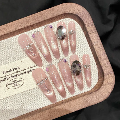 10pcs Long Ballerina Almond False Nail Tips Handmade Glossy Pink Cat's Eye Press On Nails Sweet Simple Gentle Fake Nail For Girl