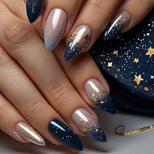 24pcs Shiny Dark Blue Starry Sky Press On Nails Flash Gold Star French Style False Nails Sweet Cool Almond Artificiao Fake Nail