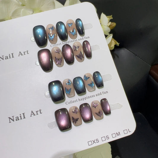 10pcs high-end Bow blue cat's eye handmade fake nails, Light luxury short and elegant nail decoration patches for women