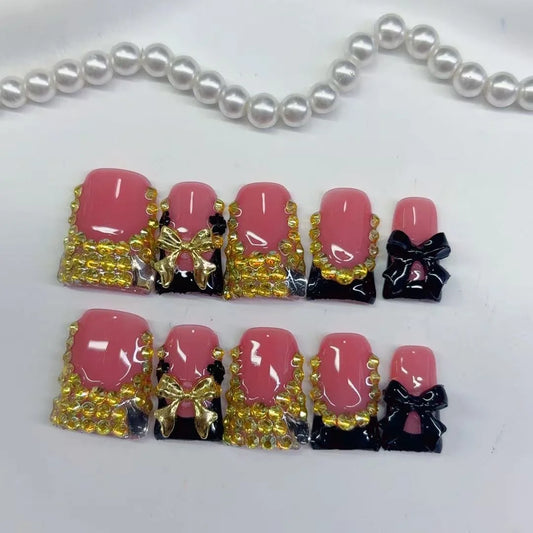 10pcs high-end Sweet and cool girl style, hand-painted three-dimensional bow, dazzling golden round diamonds handmade fake nails