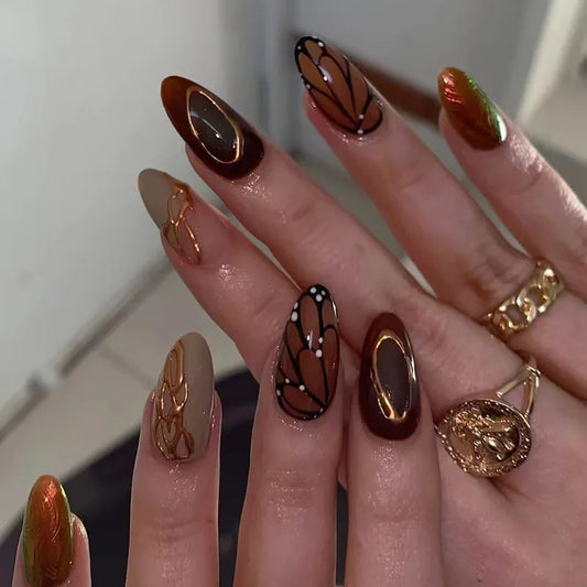 24Pcs Butterfly Wing Nails Set Press on Mid-length Almond Wearable Fake Nail Polka Dot Gilded Design Full Cover False Nails Tips