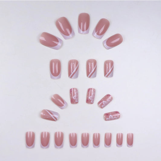 24pcs Upgrade Your Look With White French flower square false nail set 1pc Nail File & 1Nail Glue Sticker Kit Nails