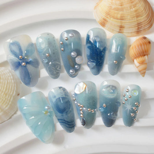10pcs Seashell Pearls Handmade False Nails Smudging Blue Hand-painted Whale Jellyfish Fake Nails 3D Carving Flower Press On Nail