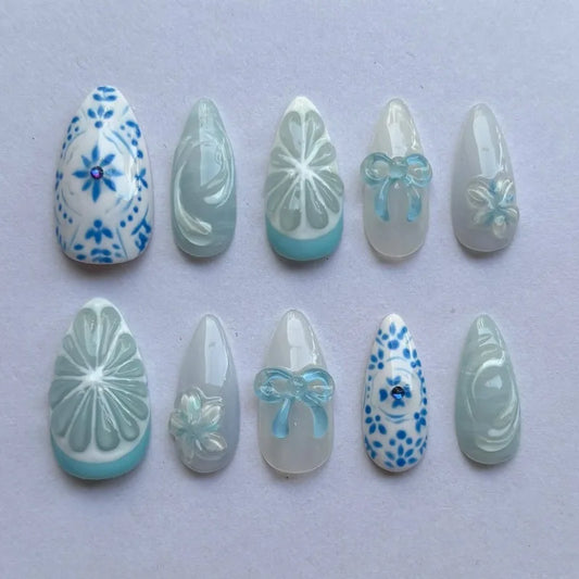 24PCS Almond Press on Nails Light Blue White Porcelain Style Bow Flower Print Diamond Decor Fresh Summer Reusable False Nails