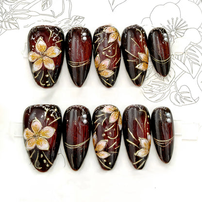 24Pcs Mid-length Almond Press on Fake Nails with Insect Flower Button Design Full Cover Nails Tips Reusable Finished False Nails