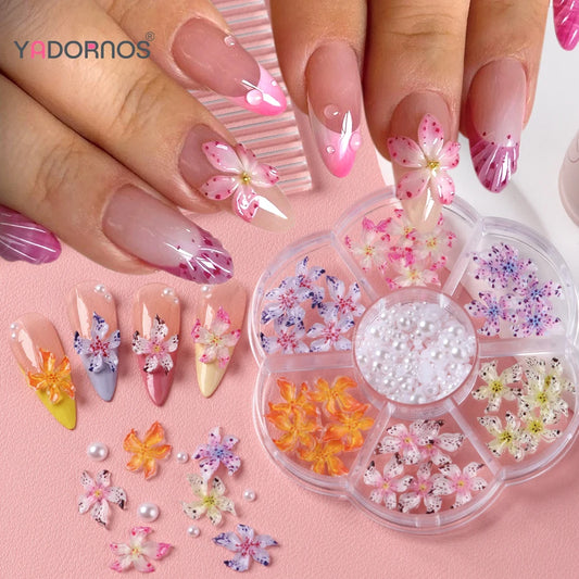 Nail Art Decorations Set Leopard Lily Ice Flower Mixed Pearl Resin Nail Accessories for Summer Manicure Fashion DIY Women Girls
