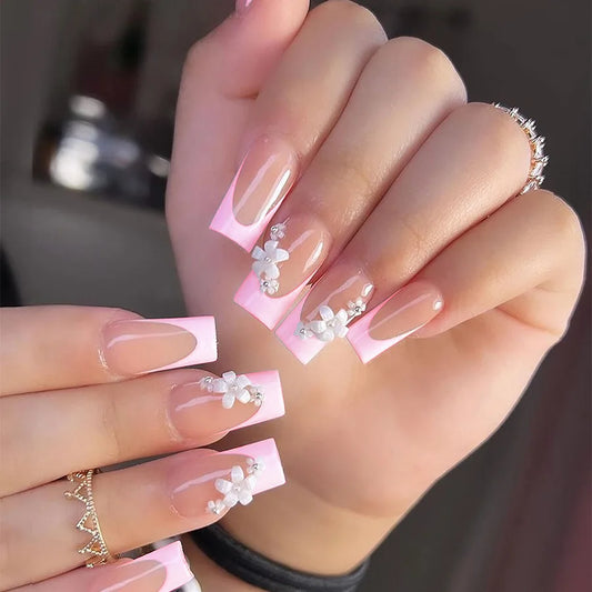 24Pcs Mid-length Square French False Nails with 3D Bow Flower Pearl Design Fake Nails Tips Rhinestone Detachable Press on Nails