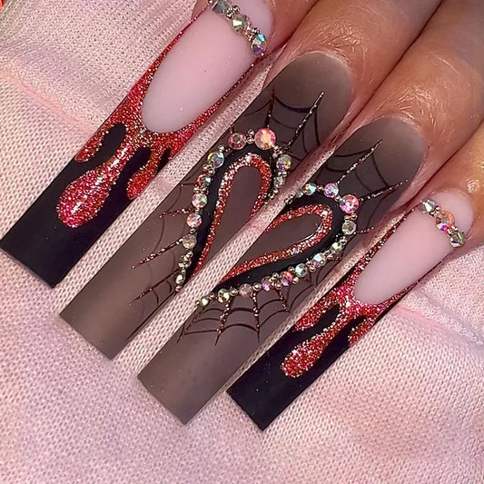 24pcs European Halloween Press on Nails Punk Metal Long Ballet Coffin French Fake Nails Shiny Spider Love Rhinestone False Nails
