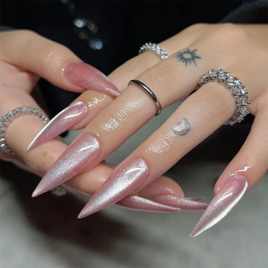 24pcs Simple Pink Cat's Eye Nails Sets Press on Solid Color Long Stiletto Nails Tips Finished False Nail Art Glitter Fake Nail