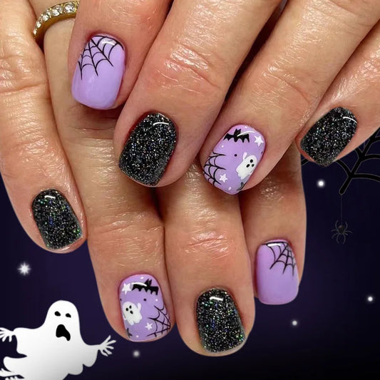 24pcs Cute Ghost Design Fake Nail Sets Halloween Glitter Black Short Square Nails Sets Press on Bat Spider Web False Nails Tips