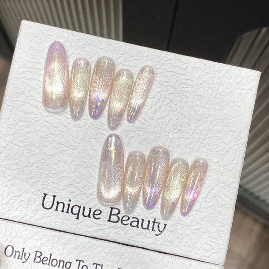 10pcs Glossy Gradient Cat-Eye Handmade Nails Fairy Tears Press on Nail Long Oval Full Coverage Nail Tip for Women&Girl Fake Nail