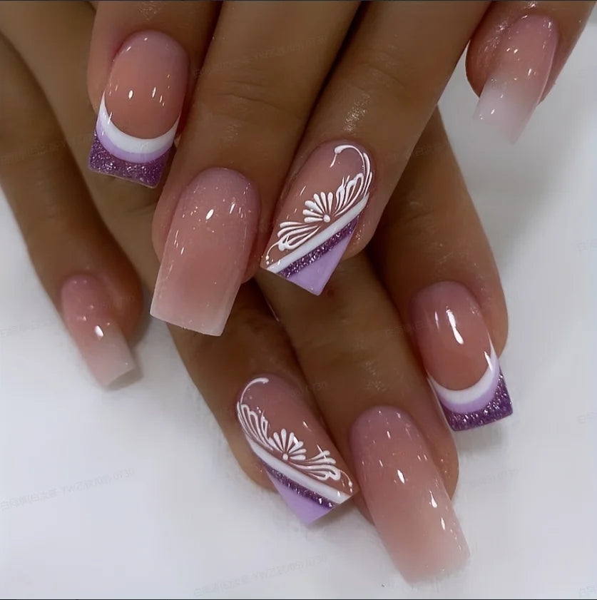 24PCS French Medium Square Fake Nail White Purple French Pointed Acrylic Nail with Silver Shining White Printed Design