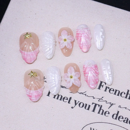 10Pcs 3D Flower Almond Handmade Press on Nails Fake Nails Wearable Stick-on Nails False Nail Uñas Postizas Накладные Ногти 네일팁
