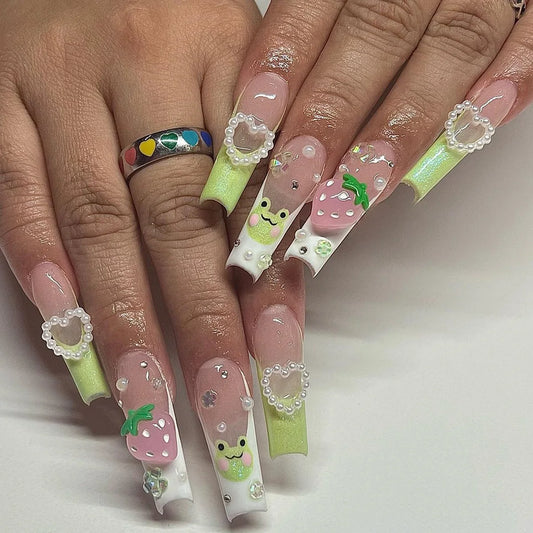 24pcs Cute Green Frog Design False Nails Long Ballet Coffin 3D Fake nail patches for Girls Women Wearable Full Cover Fake nails