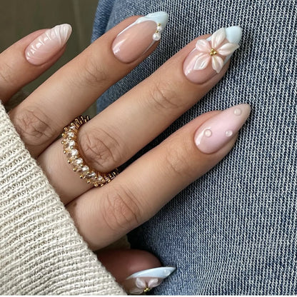24PCS Sweet Summer Design False Nails Pastel Blue Pink Almond Fake Nail with 3D Starfish Shell Flower Pearl Beach Press on Nails