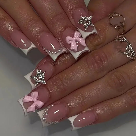 24pcs Simple White French False Nails Art Detachable Star Diamond Fake Nail Tips Bow Pearl Design Short Square Press on Nails