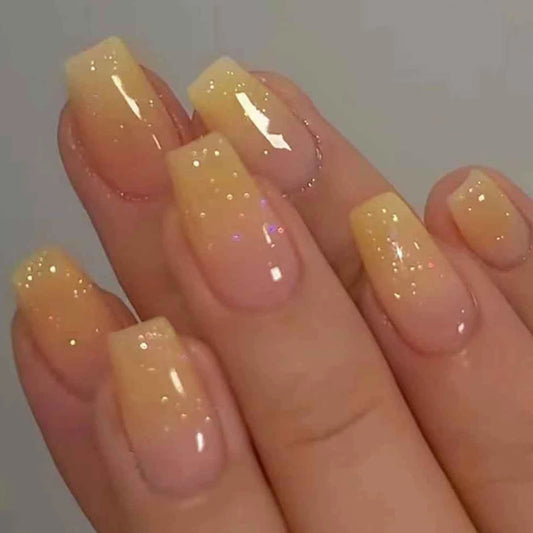 24PCS Long Press Nail Coffin Fake Nail Bright Yellow Gradient Acrylic Nail Press Artificial Fake Nail