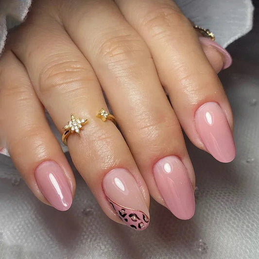 24pcs Dark False Nails 3D Cherry Press on Nails Simple Leopard Pattern Fake Nail French Short Almond Stick on Nail Wearable Nail