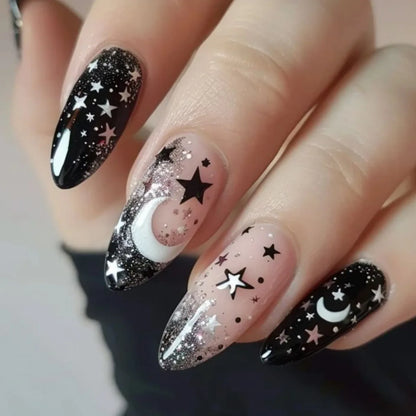 24pcs Wave Lines French Design False Nail Long Almond Nails Sets Press on Simple Shiny Powder Pattern Reusable Fake Nails Tips