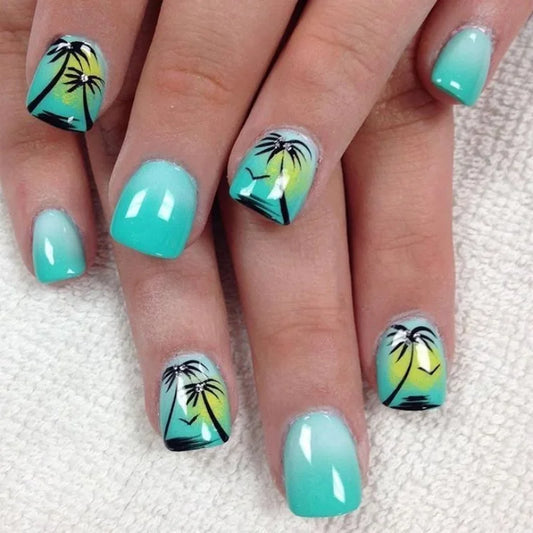 24pcs Green Short Square False Nails Simple Summer Day Coconut Palm Design Full Cover Nail Tips Wearable Press on Fake Nails Set