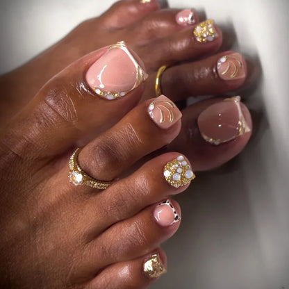 White French Fake Toenails with Rhinestone Design False Toenails for Girls Women Acrylic Toe Nail Tips Full Cover Wearable 24pcs