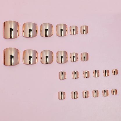 24 pcs Glossy Gold Silver Metallic Mirror Press On Chrome Toenails Short Square Fake Toenails for Women and Girls