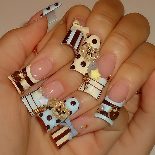 24pcs Y2k Press On Nails Polka Dot Blue Brown Stripes French Style Fake Nails Bows Heart Lock Key Camellias Decor False Nails