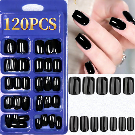 120PCS Press French Mid-Length Square Fake Nails Solid Color Design Reusable Acrylic False Nails Whitening Nail Art And DIY