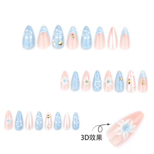 24pcs Light Blue False Nails Summer Beach Style Seashell Starfish Flower Pattern Press On Nails Smudging French Almond Fake Nail