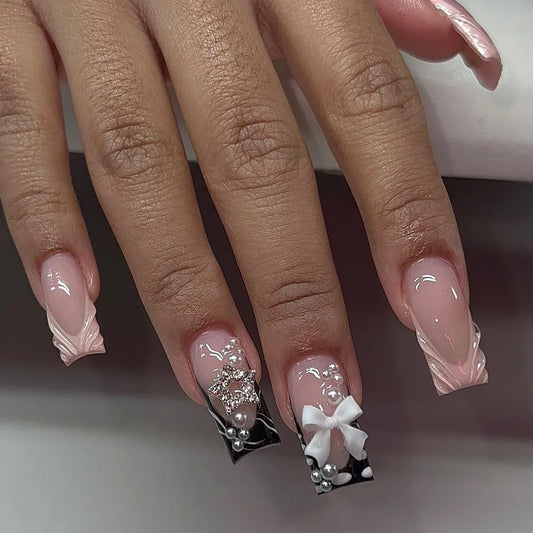 24pcs French Mid-length Square Fake Nail Tips with Bow Pearl Design False Nail Wearable Rhinestone Star Nails Art Press on Nails