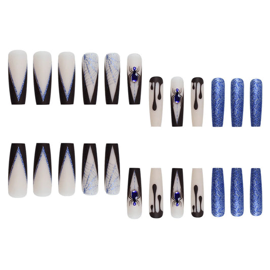 24pcs Long Ballet Halloween False Nails Glitter Rhinestone Decor Black French Press on Nails European Gothic Spiders Fake Nails