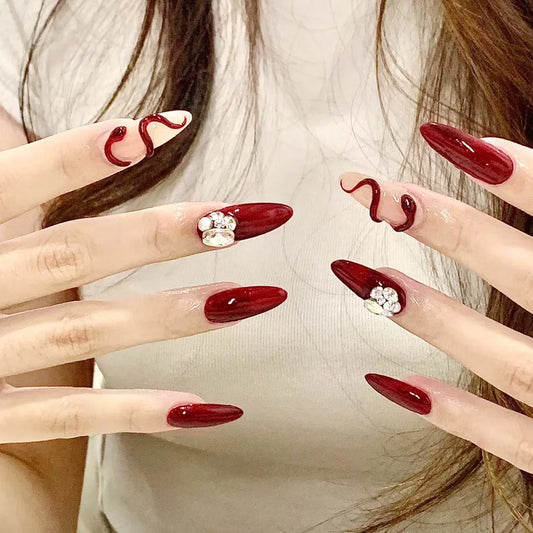 24pcs Wearable Fashion Almond Press on Nails Cat's Eye French Diamond Flower Design Stick on False Nail Tips Long Oval Fake Nail