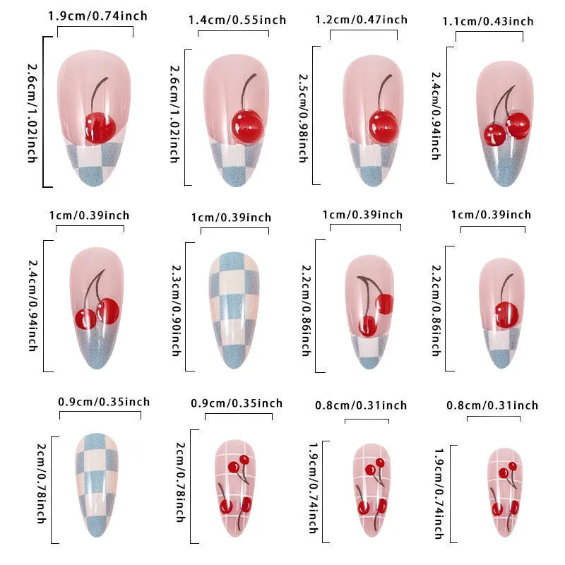 24PCS Almond Pink Blue Fake Nails Checkered Cherry Print Sweet Coquette Style Press on Nails Reusable False Nails for Daily Wear