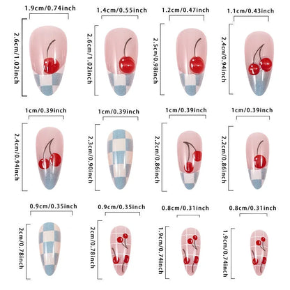 24PCS Almond Pink Blue Fake Nails Checkered Cherry Print Sweet Coquette Style Press on Nails Reusable False Nails for Daily Wear