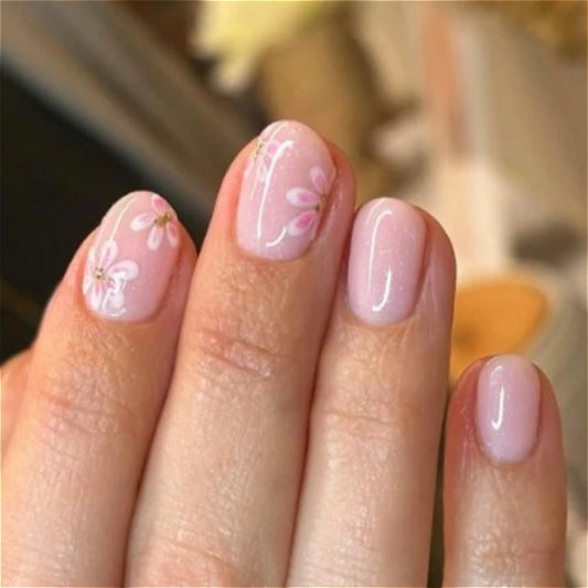 Metal Bead White Daisy French Short Round Nail Art Summer Chic Flower Fake Nails Detachable Finished False Nails Press on Nails