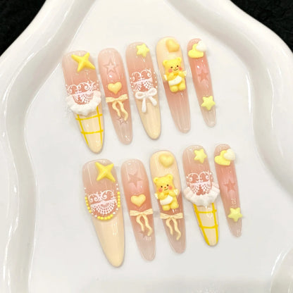 10pcs Handmade Press On Nails Kawaii Yellow Bear Bowknots Star Decor Y2k Fake Nails Blush Almond French Tips Ballet False Nail