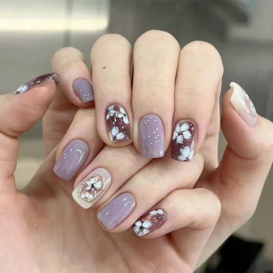 24Pcs Short Square Head Fake Nails with Wine Red Checker Design Press on Nails Tips Gold Foil Detachable Full Cover False Nails