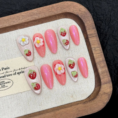 10pcs Cute Short Round Fake Nails Handmade Red Strawberry Designs Cat's Eye Press On Nails Full Cover Sweet Detachable False Nai