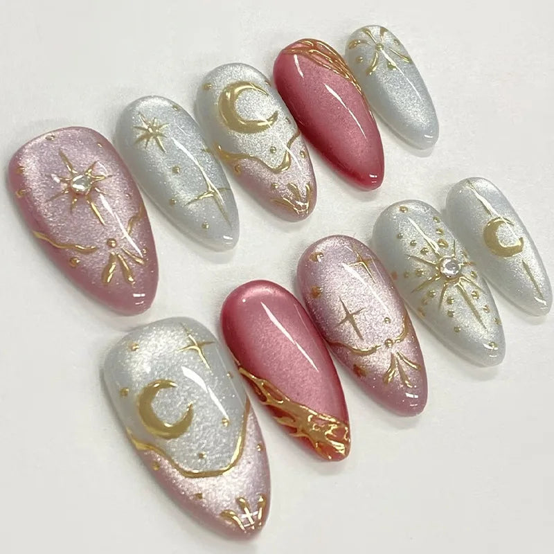 24Pcs Mid-length Almond Press on Fake Nails with Insect Flower Button Design Full Cover Nails Tips Reusable Finished False Nails