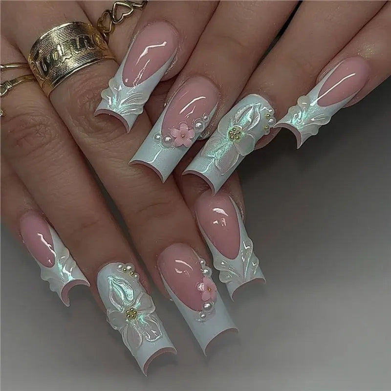 24pcs Long Coffin Nails Tips White French 3D Bow Press on Nails Set Butterfly Flower Stick on Fake Nail Finished Pink False Nail