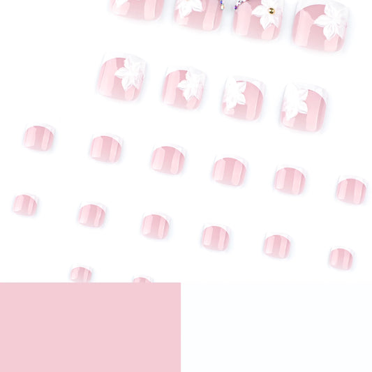 24pcs White Fower Designs Fake Toe Nails White Edge French Style Flash Diamond Decor Press On Nail Summer Wearable False Toenail