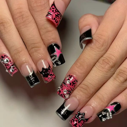 24pcs Sweet Cool Medium Square False Nails Pink Black Leopard Print French Style Press On Nails Y2k Stars Music Note Fake Nail