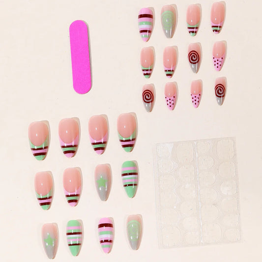 24pcs INS Summer False Nails Striped lines polka dots Design Almond French Fake Nail Patches for Girl Wearing Press on Nails