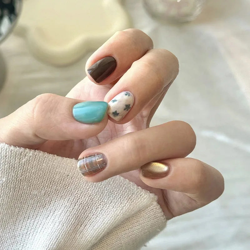 24pcs Cat's Eye Brown Fake Nails Art Fantasy Polka Dot Design Ballet Press on Nails Tips Short Square False Nail Purple Manicure