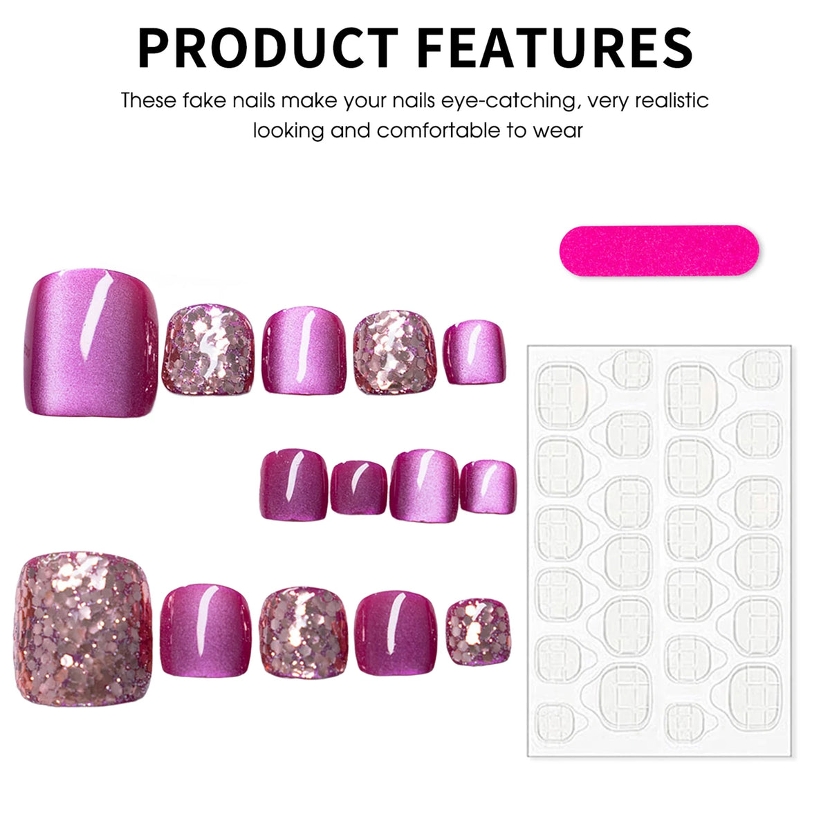14pcs Glossy Fake Toenails With Sequins Pitaya Color Cat Eye Foot Fake Nails Wearable Glitter Short Square False Toe Nails