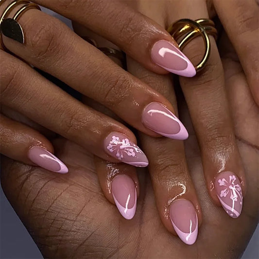 24Pcs Summer French Press on Nails Mid-length Oval Almond Nail Tools Full Cover Pink Flowers Designs Wearable Finished Nail Tips